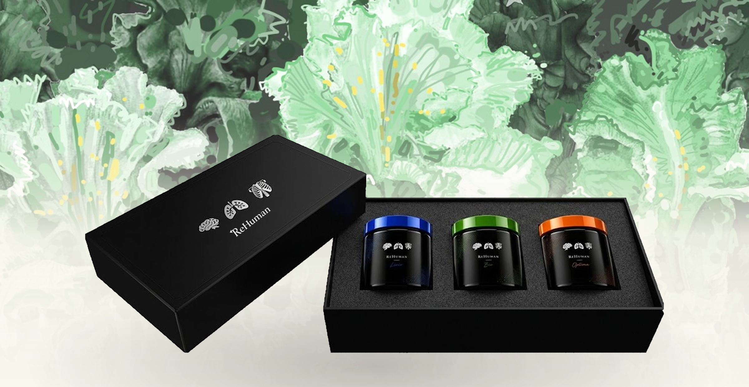 ReHuman System — matte-black apothecary box with three formula jars against green iris artwork